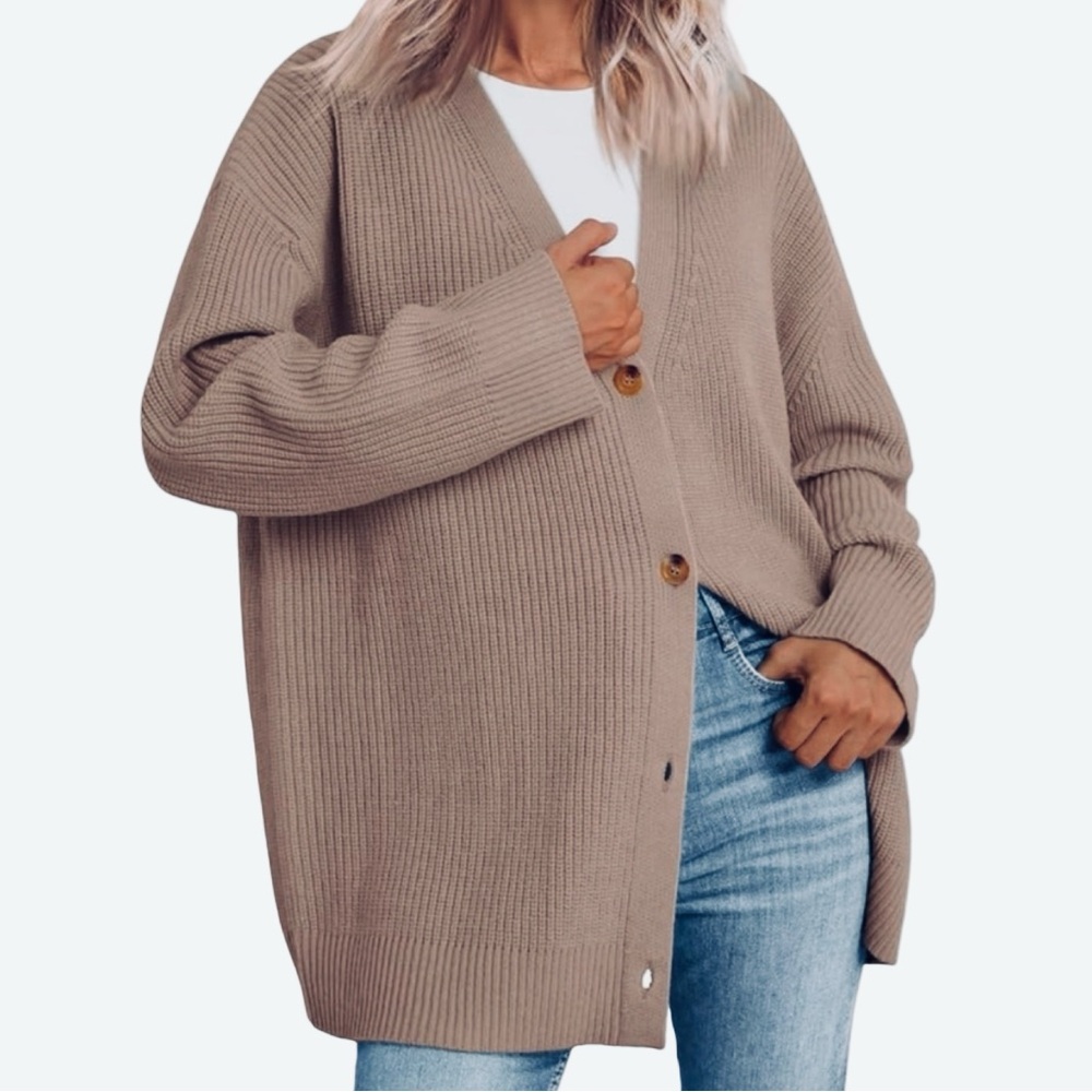 Lillusory Women Oversized Luce Taupe Rib-Knit Button Cardigan Sweater‎ Small EUC